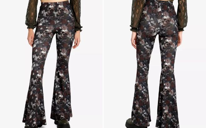 Woman is Wearing Skulls Flowers Girls Bell Bottom Pants