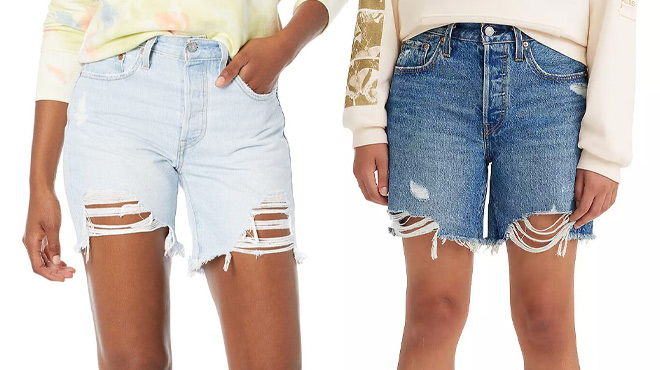 Women Wearing Levi's 501 Mid-Thigh Frayed Jean Shorts