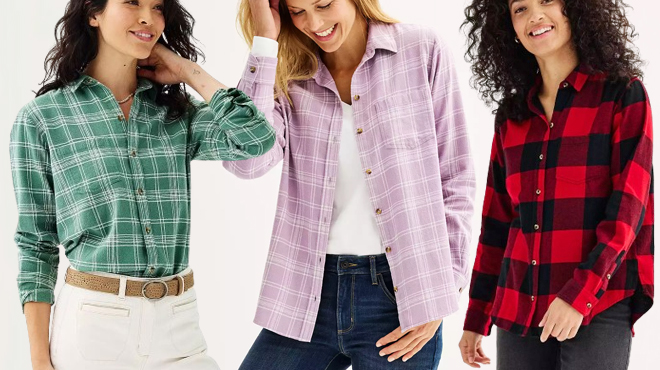 Women Wearing Sonoma Goods For Life Womens Flannel Shirts