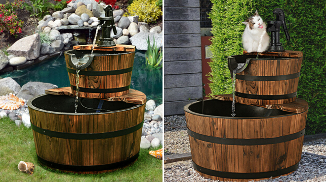 Wooden 2 Tier Barrel Waterfall Fountain Outdoors