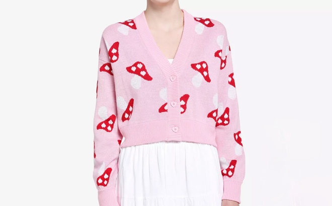 a Person Wearing a Thorn Fable Heart Mushroom Girls Crop Cardigan