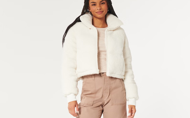 a Woman Wearing Hollister Mini Sherpa Puffer Jacket