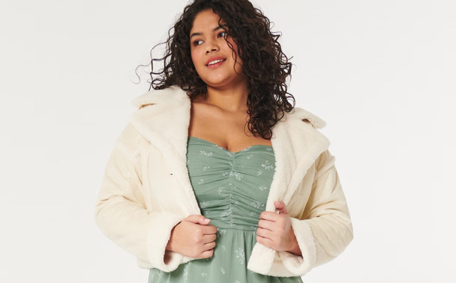 a Woman Wearing Hollister Sherpa Lined Biker Jacket