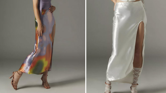 a Woman Wearing Urban Outfiters Silence Noise Norah Satin Slip Maxi Skirt