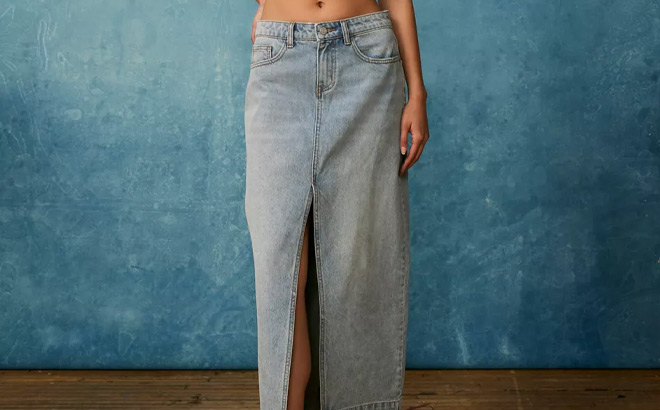 a Woman Wearing Urban Outfitters BDG Mandi A Line Denim Maxi Skirt