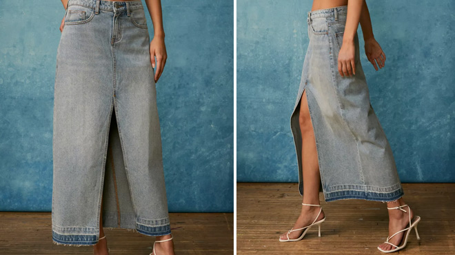 a Woman Wearing Urban Outfitters Denim Maxi Skirt