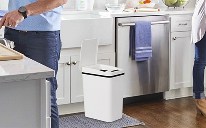 2 5 Gallon Automatic Bathroom Trash Can on the Kitchen Floor in the Color White