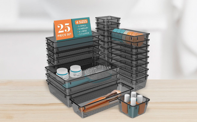 25 Piece Plastic Drawer Organizer Set on a Table