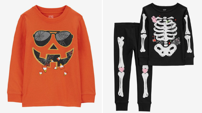 Carters Baby Halloween Jack O Lantern Glow In The Dark Graphic Tee and Baby Piece Glow Halloween Skeleton Pajamas