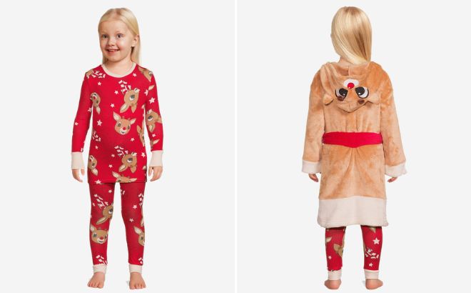 A Kid Wearing Rudolph Toddler Character Pajama and Robe Set