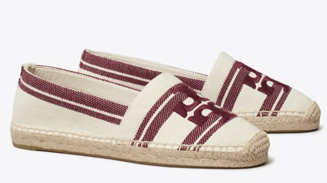 A Pair of Tory Burch Double T Jacquard Espradrille in Ash White and Vino colors