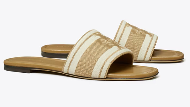 A Pair of Tory Burch Double T Jacquard Slide in Cammello Ash White Color