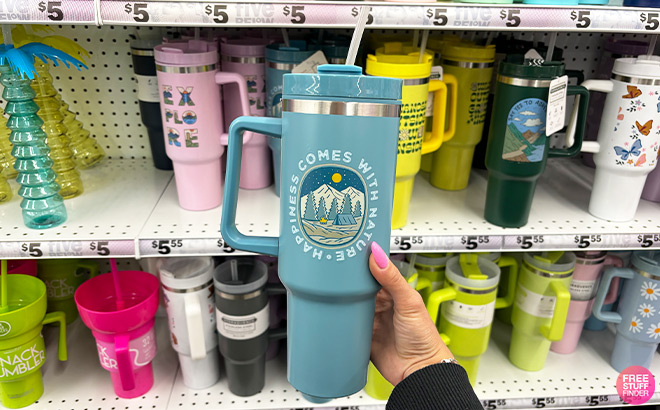 A Person Holding 40oz Pattern Hydraquench Tumbler With Handle in Happiness Style