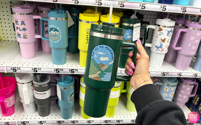 A Person Holding 40oz Pattern Hydraquench Tumbler With Handle in Say Yes To Adventure Style
