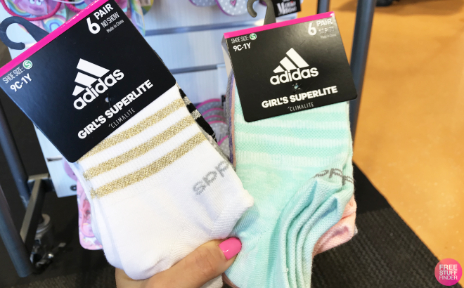 A Person Holding Adidas Superlite Kids No Show Socks 6 Pack