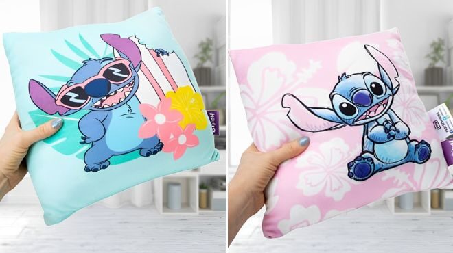 A Person Holding Disney Stitch Travel Cloud Pillows