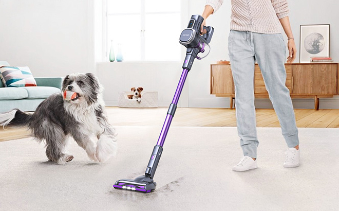 A Person Using the Lubluelu Cordless Vacuum Cleaner in a Room with a Dog Next To It