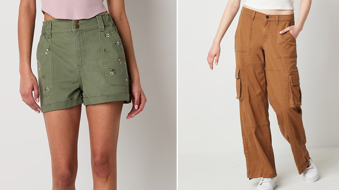 A person wearing a Arizona Womens High Rise Denim Short on the left and a person wearing a Arizona Womens Low Rise Straight Cargo Pant on the right 1