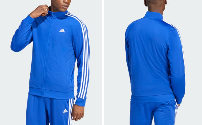 A Male Model Wearing a Blue Adidas Essentials Warm Up Jacket