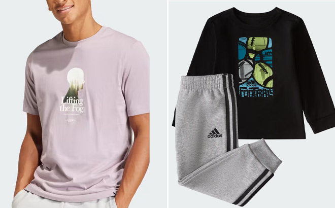 Adidas Mens Graphic Tee on Left and Adidas Boys Two Piece Cotton Tee and Heather Fleece Jogger Set on Right