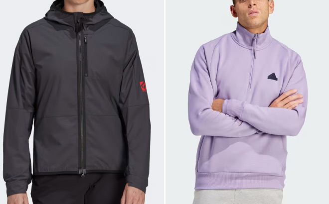 Adidas Womens Five Ten Wind Jacket on Left and Adidas Mens Half Zip Sweatshirt on Right