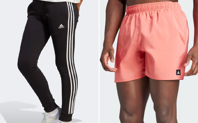 Person Wearing Adidas Womens Tracksuit Bottoms in Black on Left and Adidas Mens Shorts on the Right