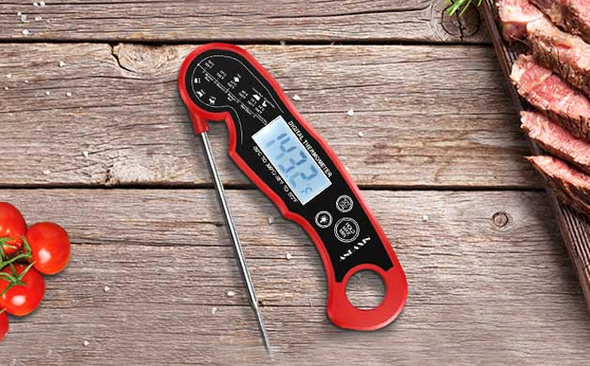 Alpha Grillers Instant Read Meat Thermometer for Grill and Cooking on a Wooden Table