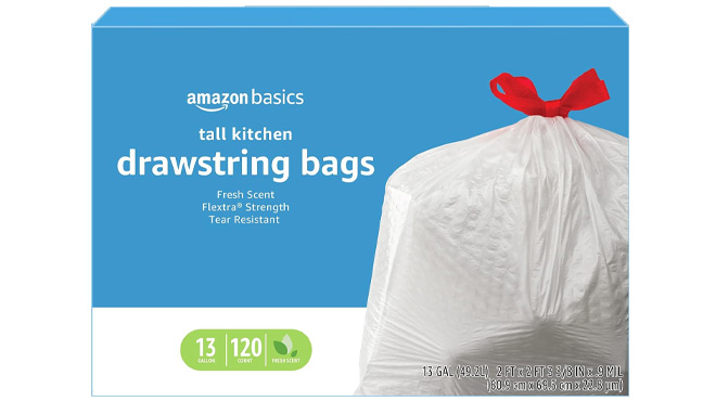 Amazon Basics Flextra Tall Kitchen Trash Bags 120 Count on White Background