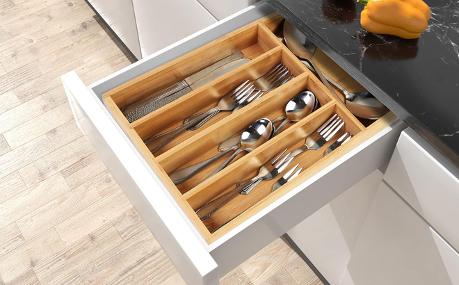 Bamboo Kitchen Drawer Organizer in a Kitchen Drawer