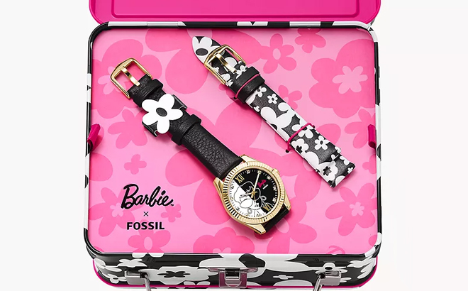 Barbie x Fossil Three Hand Black Leather Watch and Interchangeable Strap Box Set