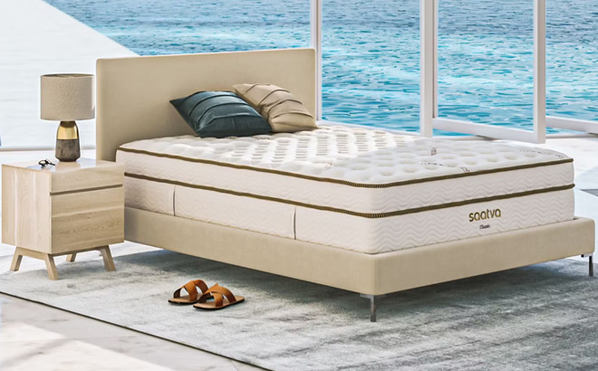 Bed with Saatva Mattress and Nightstand