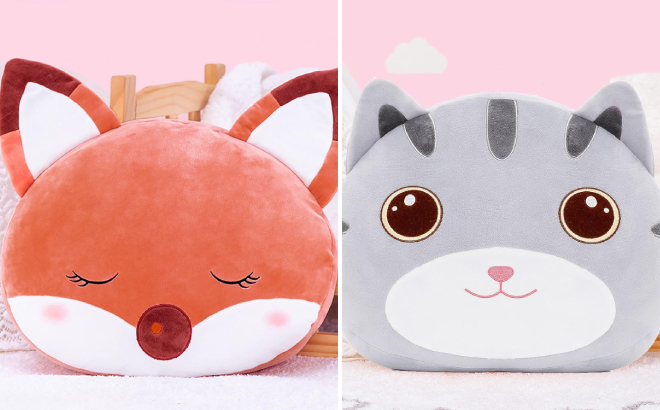 Brown Fox and Gray Cat Plush Pillows