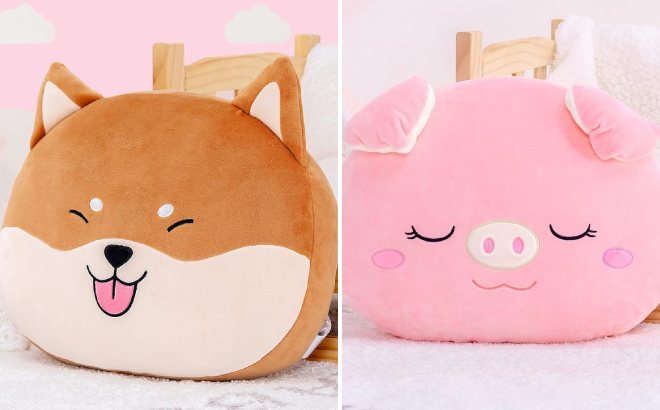 Brown Shiba and Pink Pig Plush Pillows