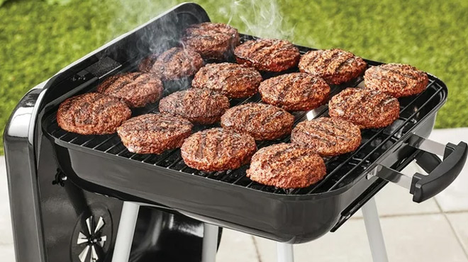 Burger Patties Grilled on Expert Grill 17 5 Square Steel Charcoal Grill