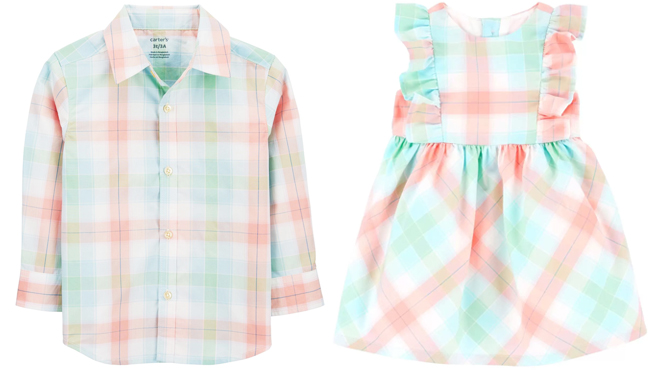 Carters Toddler Plaid Button Down Shirt and Carters Baby Plaid Flutter Dres