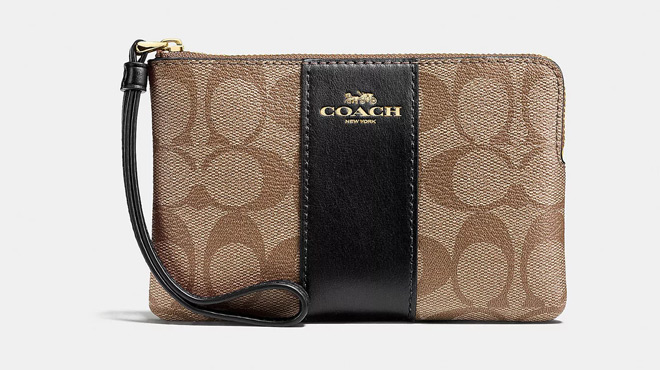 Coach Outlet Corner Zip Wristlet in Gold Kkaki Black