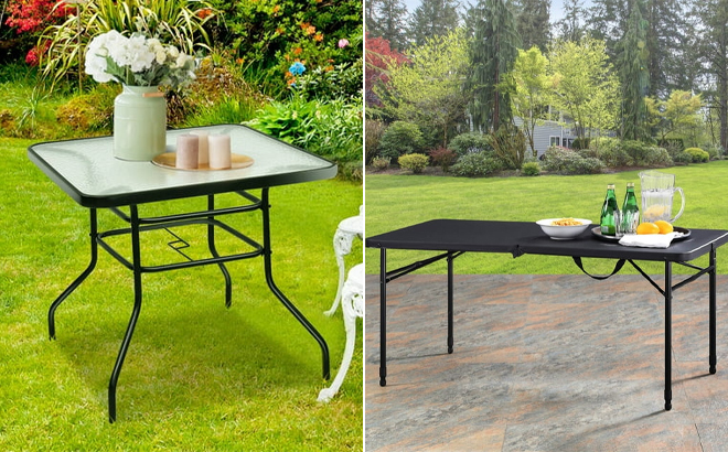 Costway 32 Inch Patio Square Table and Mainstays 4 Foot Fold in Half Adjustable Folding Table