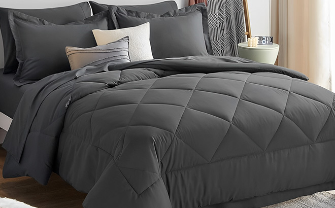 CozyLux Queen Bed in a Bag 7 Pieces Comforter Set in Dark Grey Color