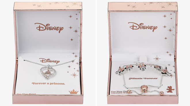 Disney Crown Heart Princess Pendant Necklace and Disney Charm Mickey Minnie Bolo Bracelet 