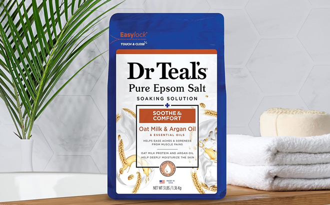 Dr Teals Pure Epsom Salt Soak with Oat Milk Argan Oil on the Table