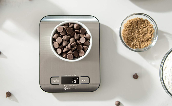 Etekcity Stainless Steel Digital Kitchen Scale on a Table