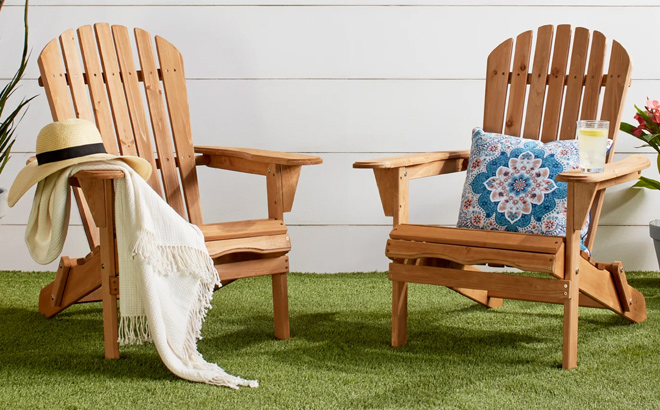 Folding Wooden Adirondack Chair Accent Furniture w Natural Woodgrain