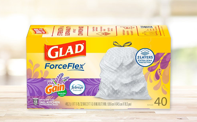 Glad 40 Count ForceFlex Tall Kitchen Drawstring Trash Bags with Gain Lavender and Febreze Freshness