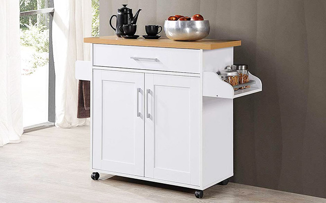 Hodedah Kitchen Island with Spice Rack Towel Rack Drawer