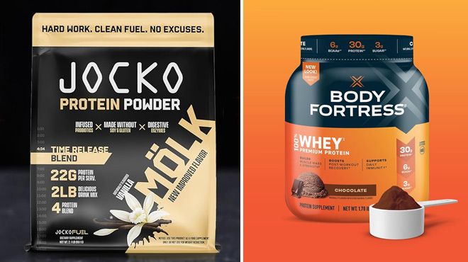 Jocko Molk Vanilla Whey Protein Powder and Body Fortress 100 Whey Premium Chocolate Protein Powder