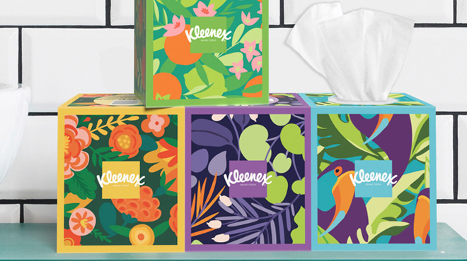 Kleenex Facial Tissue Boxes on a Kitchen Counter