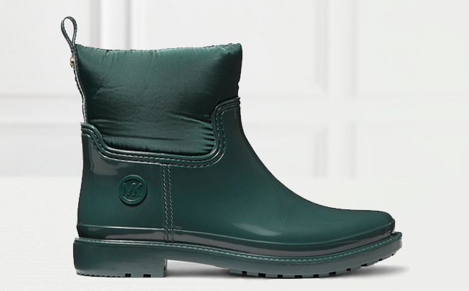 Michael Kors Blakely Logo Tape PVC and Nylon Rain Boot in Racing Green Color on the Table