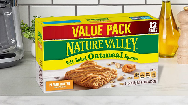 Nature Valley Soft Baked Oatmeal Squares Snack Bars on Countertop