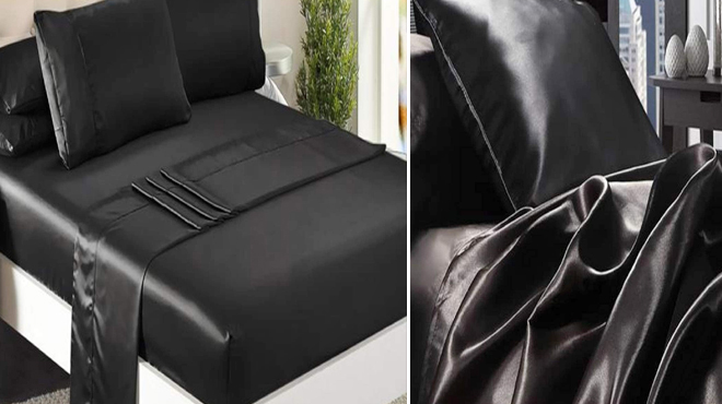 Niagara Satin Queen Bed Sheet Set in Black