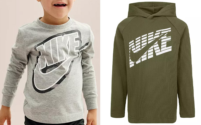 Nike Baby Toddler Boy Long Sleeve Tee on Left and Nike Boys Pullover Hoodie on Right